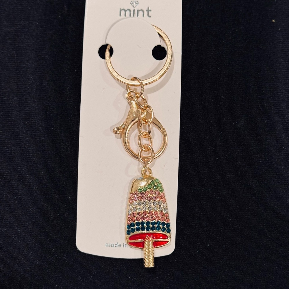 BAG CHARM Mint Popsicle Keychain Gold Tone  Pink Crystal Accents 4.25 inch